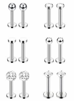 6 Pairs Stainless Steel Nose Studs Tragus Bars Labret Bars Crystal Ball Body Piercing Jewelry, Nose Lips Piercing Assorted Design Piercing Jewelry, 6 Designs, 16 Gauge
