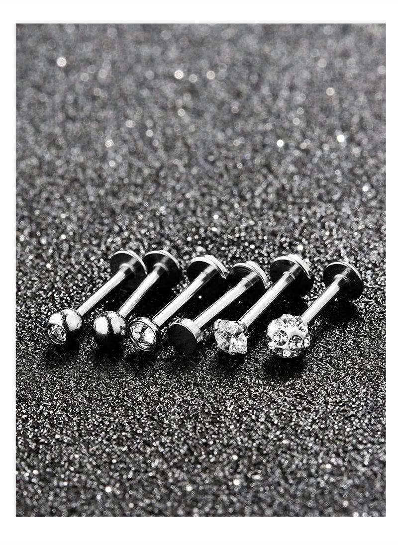Excefore - 6 Pairs Stainless Steel Nose Studs Tragus Bars Labret Bars Crystal Ball Body Piercing Jewelry, Nose Lips Piercing Assorted Design Piercing Jewelry, 6 Designs, 16 Gauge - Image 1
