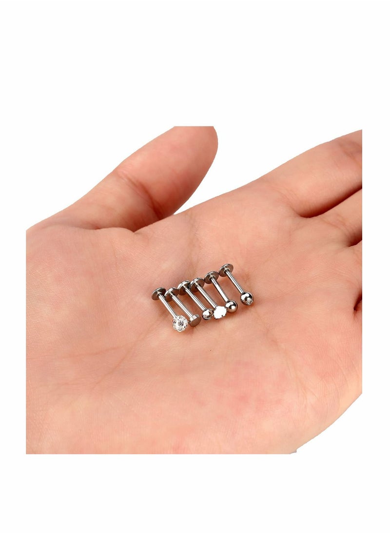 Excefore - 6 Pairs Stainless Steel Nose Studs Tragus Bars Labret Bars Crystal Ball Body Piercing Jewelry, Nose Lips Piercing Assorted Design Piercing Jewelry, 6 Designs, 16 Gauge - Image 1