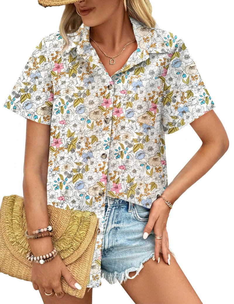 HOTOUCH Women Plus Size Short Sleeve Blouse Floral Linen Button Up Shirt Casual Button Down Shirt Cotton Tops Loose Fit - Image 2