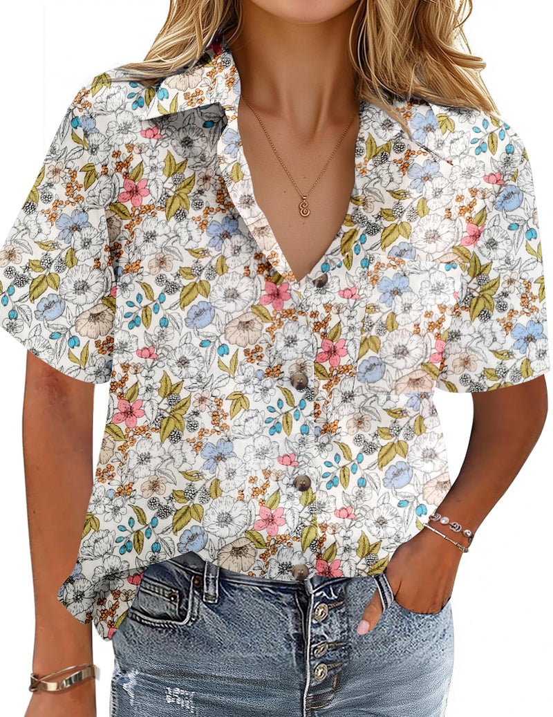 HOTOUCH Women Plus Size Short Sleeve Blouse Floral Linen Button Up Shirt Casual Button Down Shirt Cotton Tops Loose Fit - Image 1