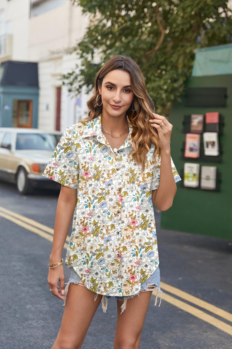 HOTOUCH Women Plus Size Short Sleeve Blouse Floral Linen Button Up Shirt Casual Button Down Shirt Cotton Tops Loose Fit - Image 3