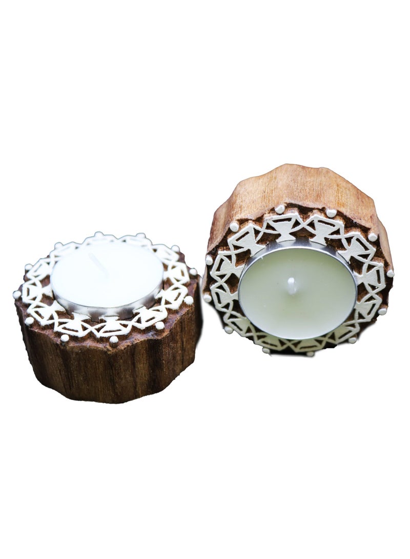 Set of 2 Radiant Hand-carved Wooden T-Light Holders - Image 1