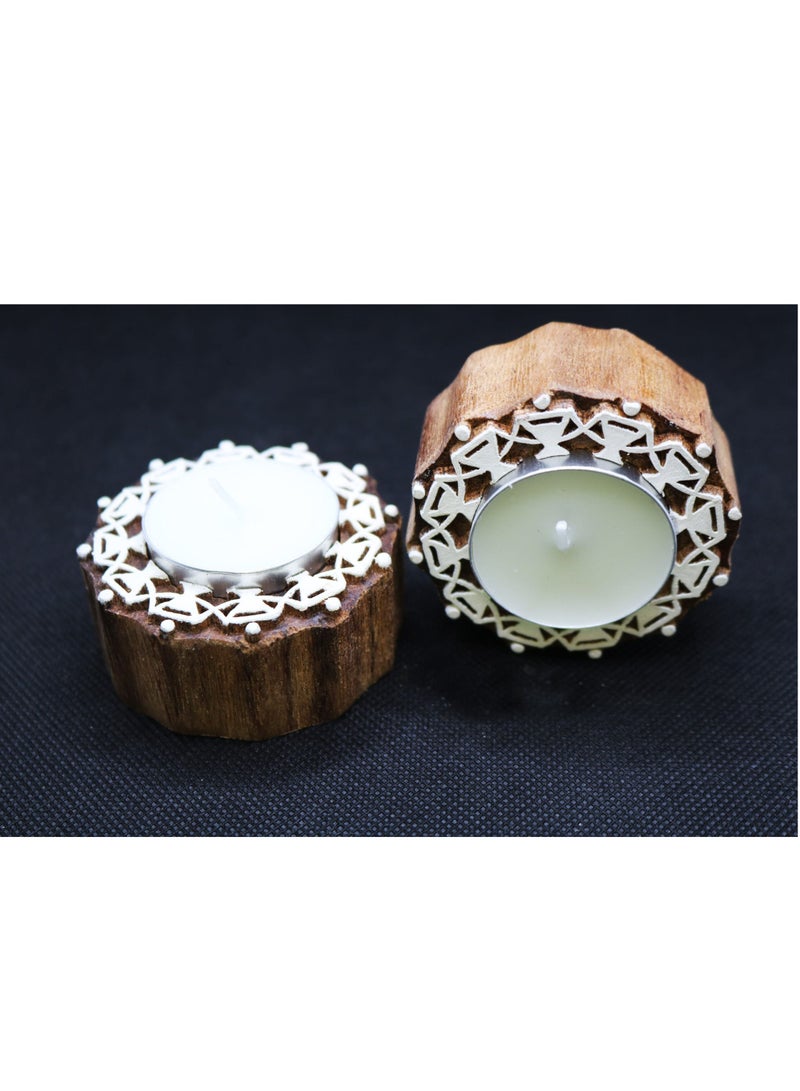 Set of 2 Radiant Hand-carved Wooden T-Light Holders - Image 2