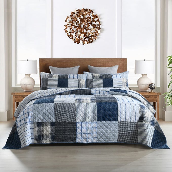 KING QUILT SET BEDSPREAD REVERSIBLE PLAID GRID QUILTED BEDSPREAD 3PIECE REAL PATCHWORK QUILT BEDDING SET WITH PILLOWCASES FOR ALL SEASONS KING SIZE 108 96 INCHES