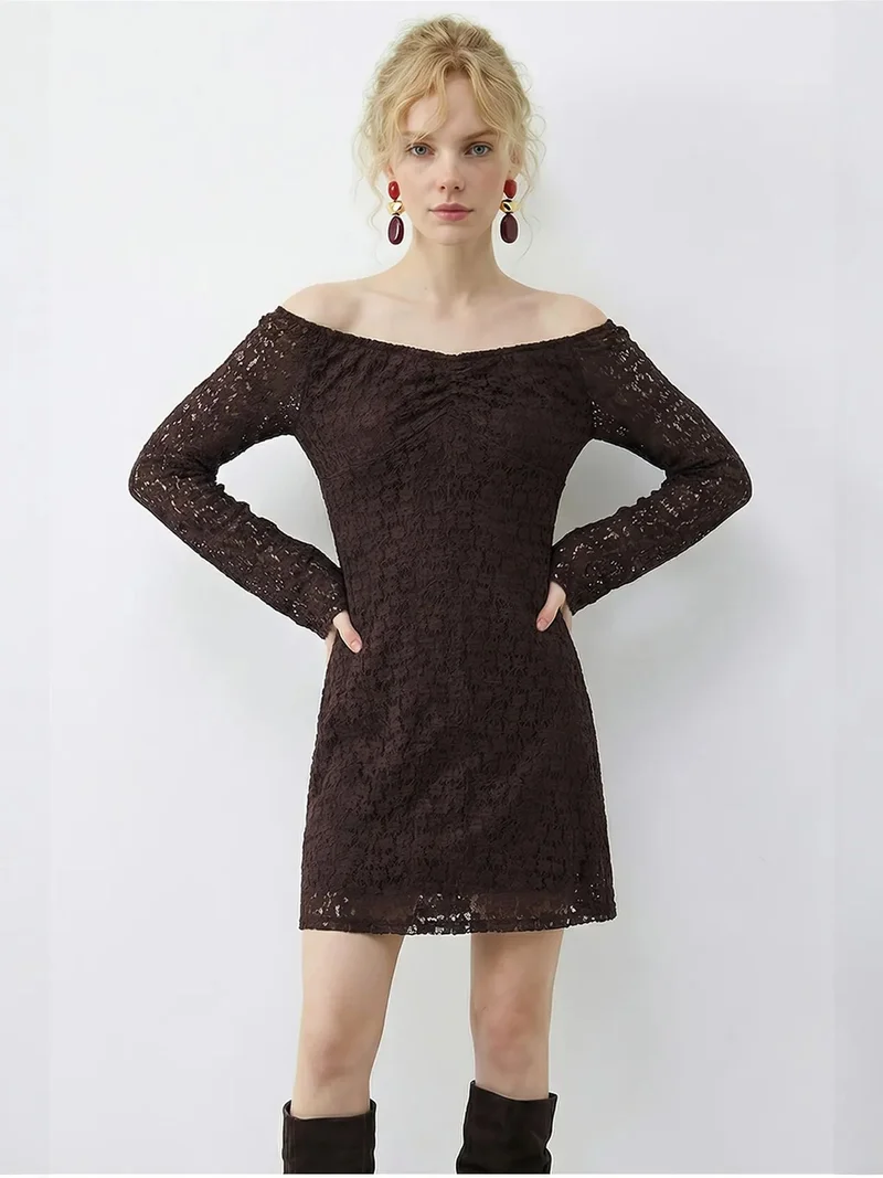 Bianco Lucci Mocha Brown LUCCI Lace Off Shoulder Mini Dress for Women | Best Price UAE