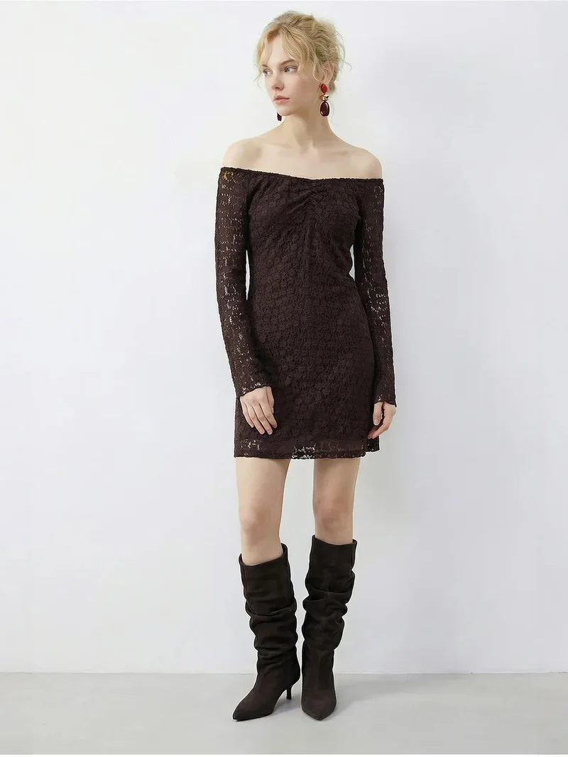Bianco Lucci Mocha Brown LUCCI Lace Off Shoulder Mini Dress for Women | Best Price UAE