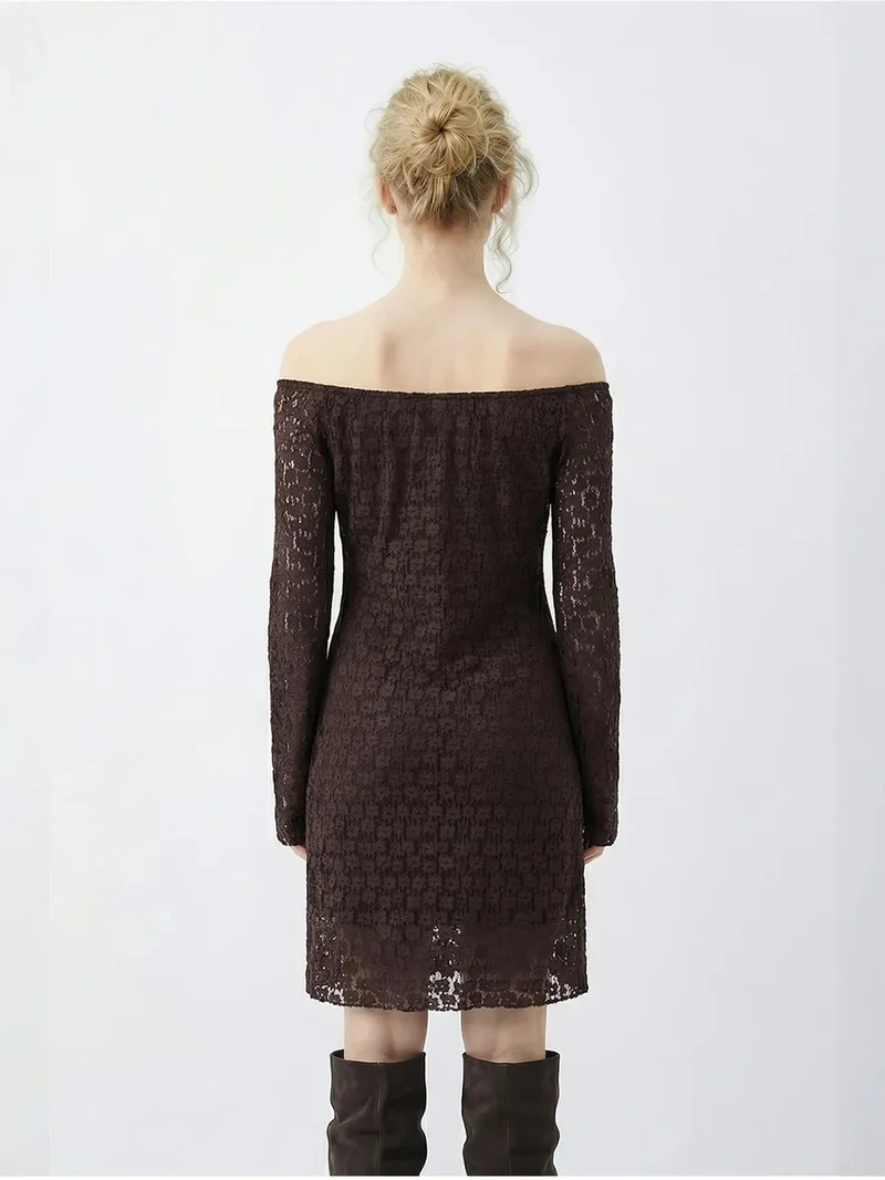 Bianco Lucci Mocha Brown LUCCI Lace Off Shoulder Mini Dress for Women | Best Price UAE