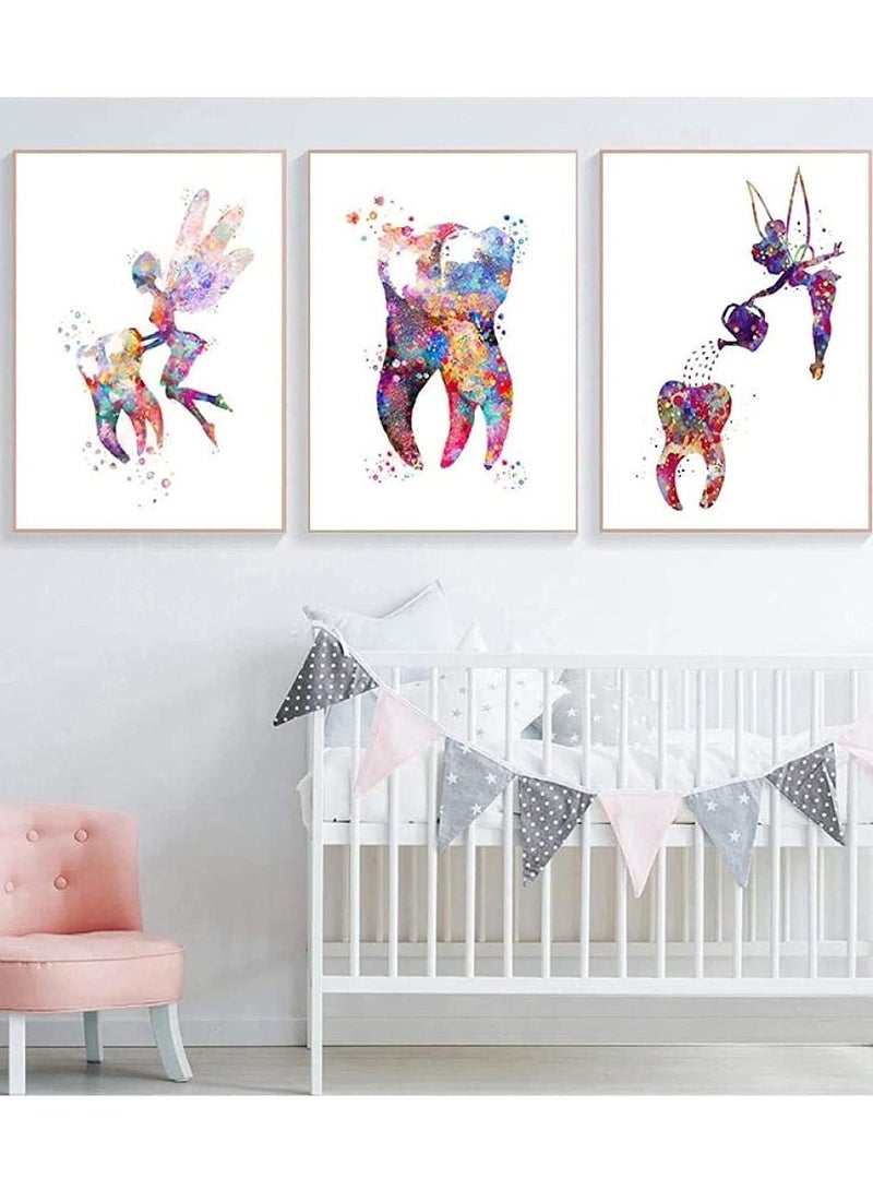 Dental Art Tooth Fairy Canvas Paintings, 3 Pieces Tooth Canvas Painting Color Wall Art Poster Dental Canvas Print Teeth Wall Picture Clinic Decor, Decorative Painting 40X60cm(Unframed) - Image 1