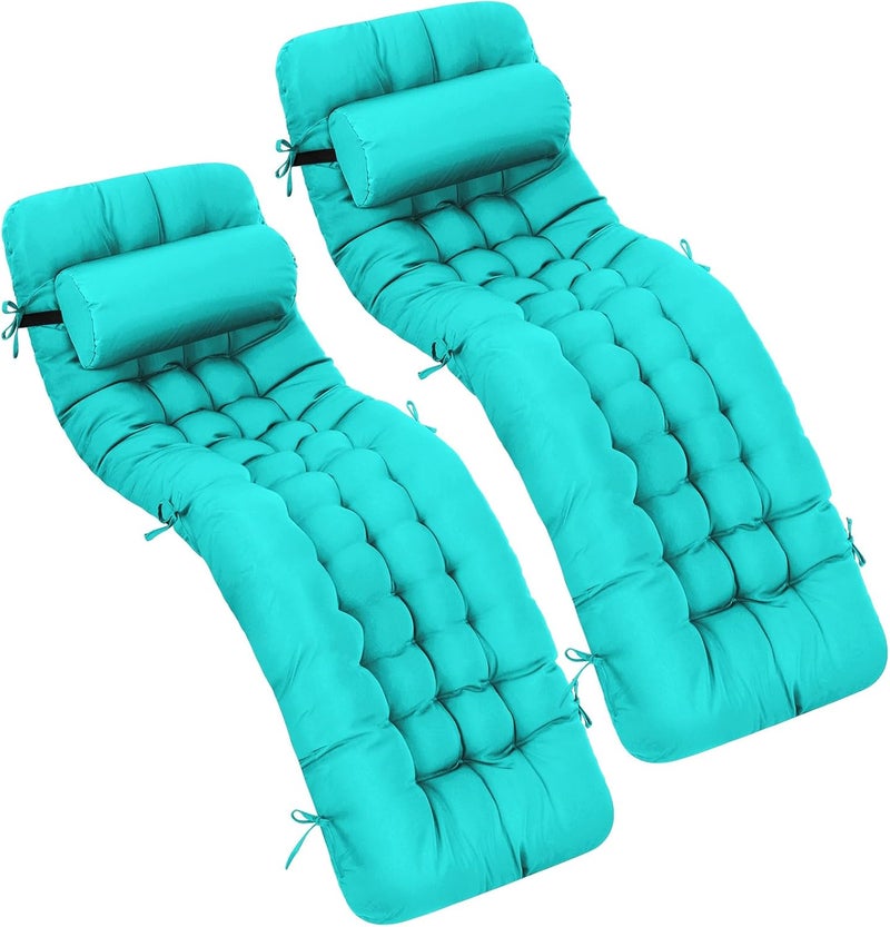 Tudomro 2 Pcs Peacock Blue 66'' Outdoor Chaise Lounge Cushion Waterproof Patio Lawn Pool Chaise Lounge Cushion with Headrest Pillow & Ties Weather Fade Resistant Replacement Longue Chair Pad - Image 1