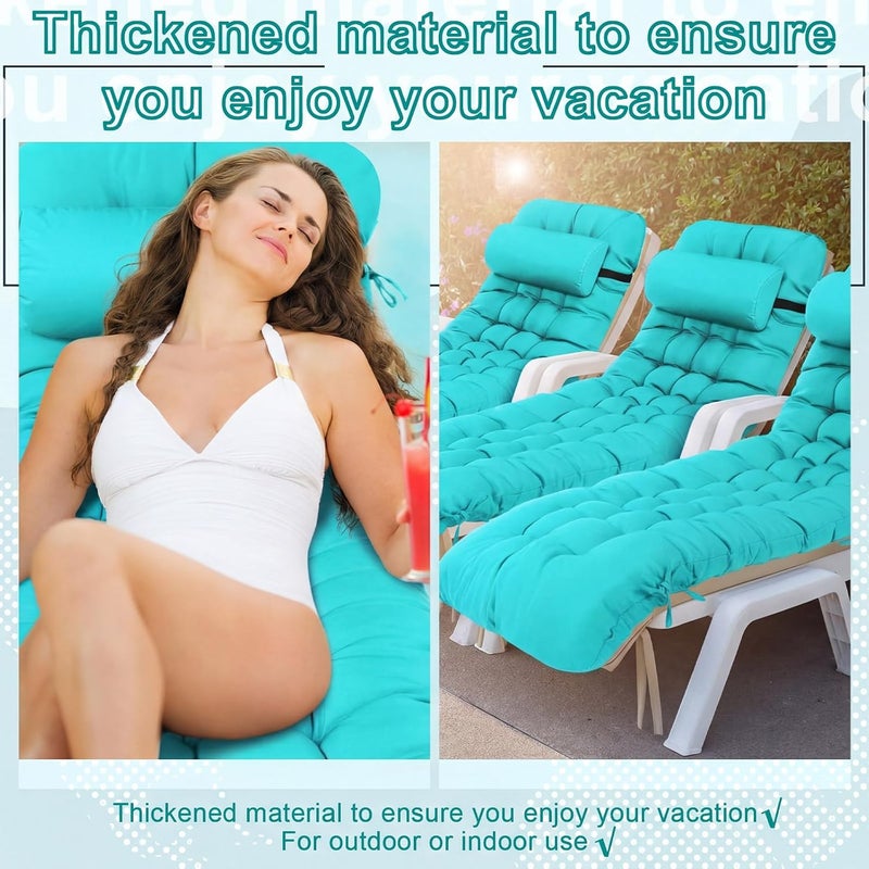 Tudomro 2 Pcs Peacock Blue 66'' Outdoor Chaise Lounge Cushion Waterproof Patio Lawn Pool Chaise Lounge Cushion with Headrest Pillow & Ties Weather Fade Resistant Replacement Longue Chair Pad - Image 5