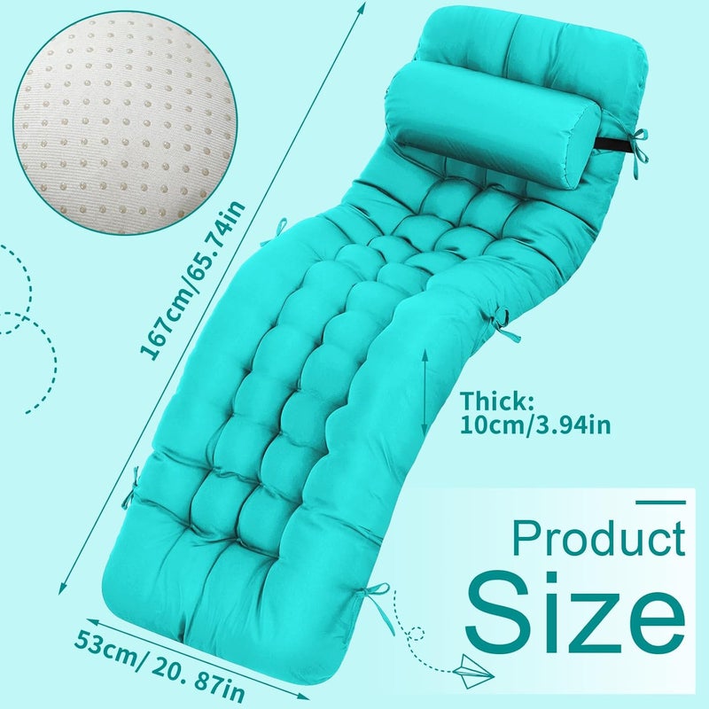 Tudomro 2 Pcs Peacock Blue 66'' Outdoor Chaise Lounge Cushion Waterproof Patio Lawn Pool Chaise Lounge Cushion with Headrest Pillow & Ties Weather Fade Resistant Replacement Longue Chair Pad - Image 2