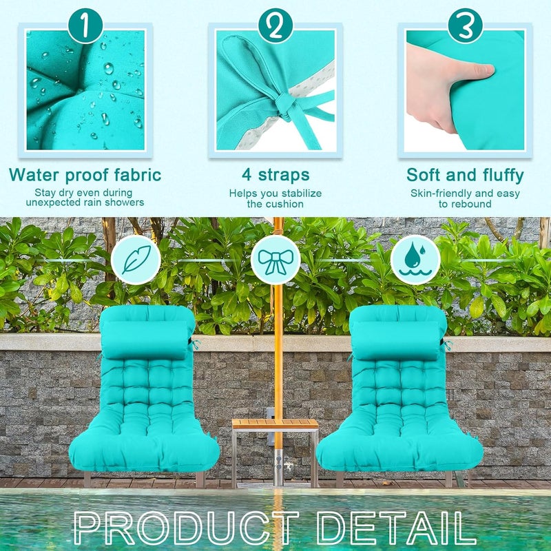 Tudomro 2 Pcs Peacock Blue 66'' Outdoor Chaise Lounge Cushion Waterproof Patio Lawn Pool Chaise Lounge Cushion with Headrest Pillow & Ties Weather Fade Resistant Replacement Longue Chair Pad - Image 3