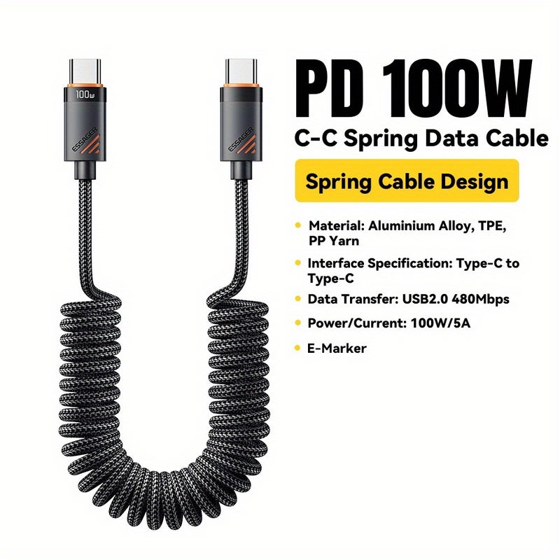 ESSAGER USB C Cable, Spring Type C Cable 100W/60W PD Fast Charging for iPhone 16 15 Samsung MacBook iPad Huawei - Image 1