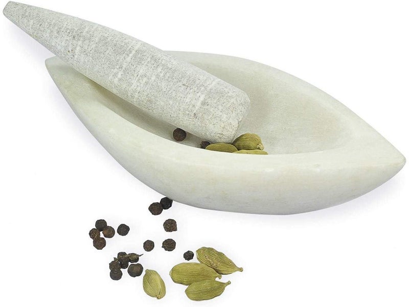 STLYZ Marble Granite Imam Dasta Mortar and Pestle Set Ohkli Musal Kharal or khalbatta or Mixer and Grinder Set for Kitchen 10 Inch Boat Mortar - Image 3