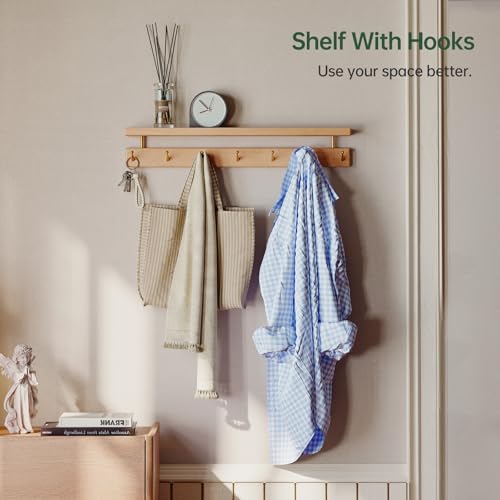 Wayshome Solid Wood Wall Hooks with Shelf, Coat Rack Wall Mount, Entryway Hanging Shelf with 7 Brass Hooks for Hats, Clothes, Towels, Bags, Beech Wood, Natural - Image 3
