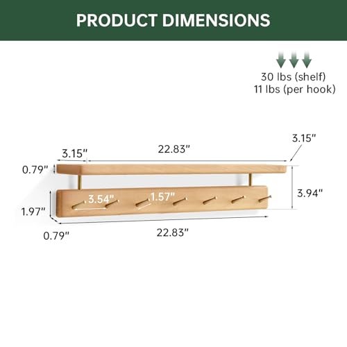 Wayshome Solid Wood Wall Hooks with Shelf, Coat Rack Wall Mount, Entryway Hanging Shelf with 7 Brass Hooks for Hats, Clothes, Towels, Bags, Beech Wood, Natural - Image 2