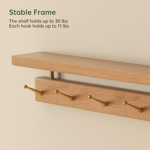 Wayshome Solid Wood Wall Hooks with Shelf, Coat Rack Wall Mount, Entryway Hanging Shelf with 7 Brass Hooks for Hats, Clothes, Towels, Bags, Beech Wood, Natural - Image 4