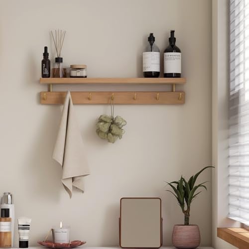 Wayshome Solid Wood Wall Hooks with Shelf, Coat Rack Wall Mount, Entryway Hanging Shelf with 7 Brass Hooks for Hats, Clothes, Towels, Bags, Beech Wood, Natural - Image 5