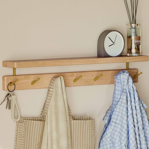 Wayshome Solid Wood Wall Hooks with Shelf, Coat Rack Wall Mount, Entryway Hanging Shelf with 7 Brass Hooks for Hats, Clothes, Towels, Bags, Beech Wood, Natural - Image 1