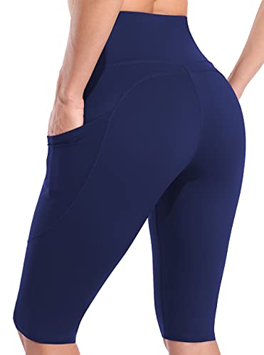 SOCIALA Womens High Waist Biker Shorts with Pockets 12" Workout Running Short Navy - Image 1