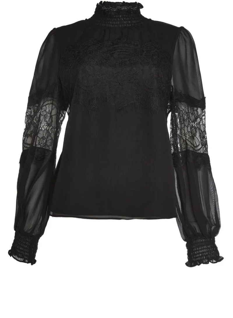 ترو ديكادينس Bethany Black High-Neck Lace Trim Blouse