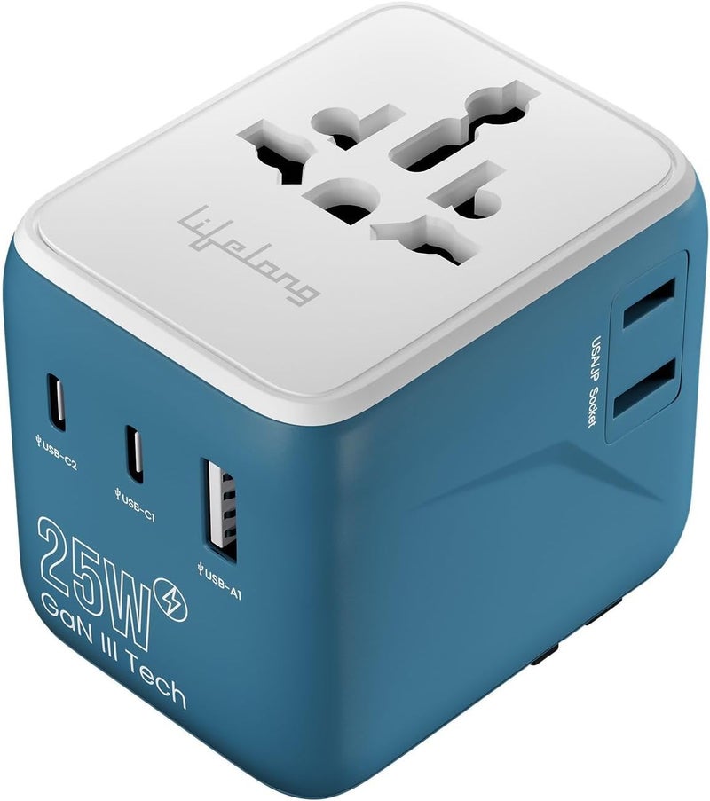 Lifelong Electronics 2500W Universal Travel Adapter All in One | 2 Type-C 25W PD & 1 USB-A 18W QC 3.0 | Dual Fuse Protection | 180+ Countries - Europe/US/Asia etc | International Socket Accessories - Image 1
