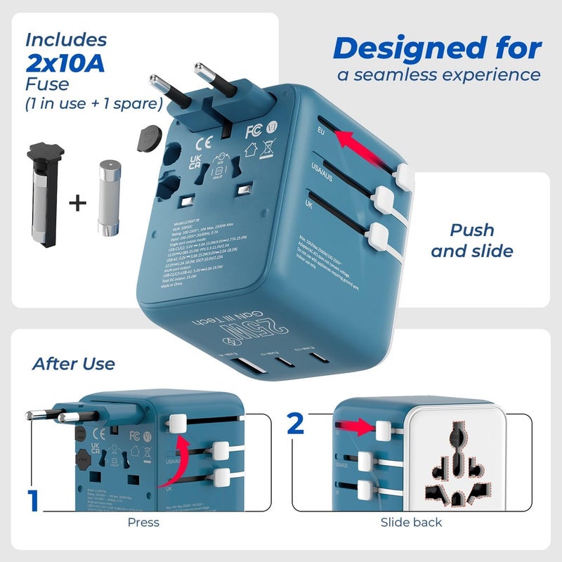 Lifelong Electronics 2500W Universal Travel Adapter All in One | 2 Type-C 25W PD & 1 USB-A 18W QC 3.0 | Dual Fuse Protection | 180+ Countries - Europe/US/Asia etc | International Socket Accessories - Image 4