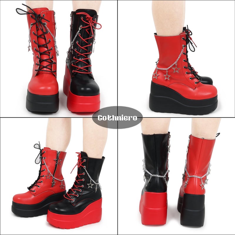 Gothniero Womens Combat Motorcycle Boots Black and Red Platform Chunky Ankle Moto Festival Rave Goth booties for Women Punk emo Boot with Metal Chains Side Zip Round Toe Size5.5-11 - Image 2
