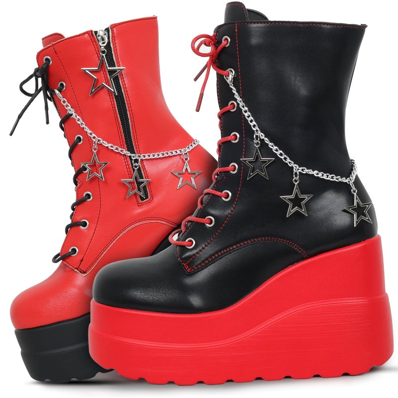 Gothniero Womens Combat Motorcycle Boots Black and Red Platform Chunky Ankle Moto Festival Rave Goth booties for Women Punk emo Boot with Metal Chains Side Zip Round Toe Size5.5-11 - Image 1