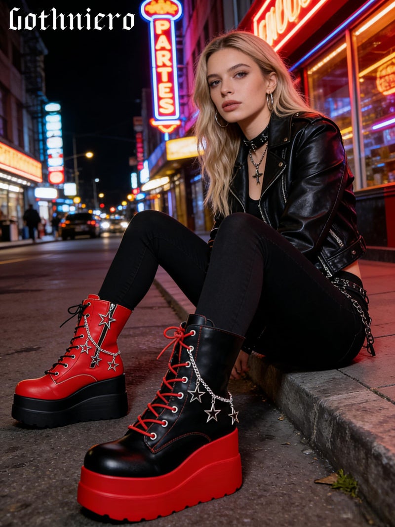 Gothniero Womens Combat Motorcycle Boots Black and Red Platform Chunky Ankle Moto Festival Rave Goth booties for Women Punk emo Boot with Metal Chains Side Zip Round Toe Size5.5-11 - Image 5