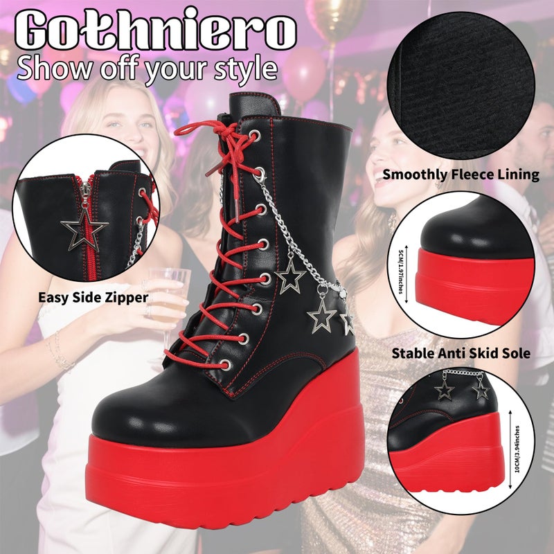 Gothniero Womens Combat Motorcycle Boots Black and Red Platform Chunky Ankle Moto Festival Rave Goth booties for Women Punk emo Boot with Metal Chains Side Zip Round Toe Size5.5-11 - Image 4