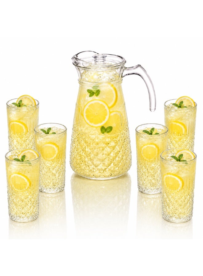 7 Piece Glass Drink Set with Pitcher and 6 Glasses, 11 OZ Drinking Tumblers, Clear Textured Glass Water Juice Beverage Serving Set with Lid, Dishwasher Safe for Home Dining Parties - Image 1