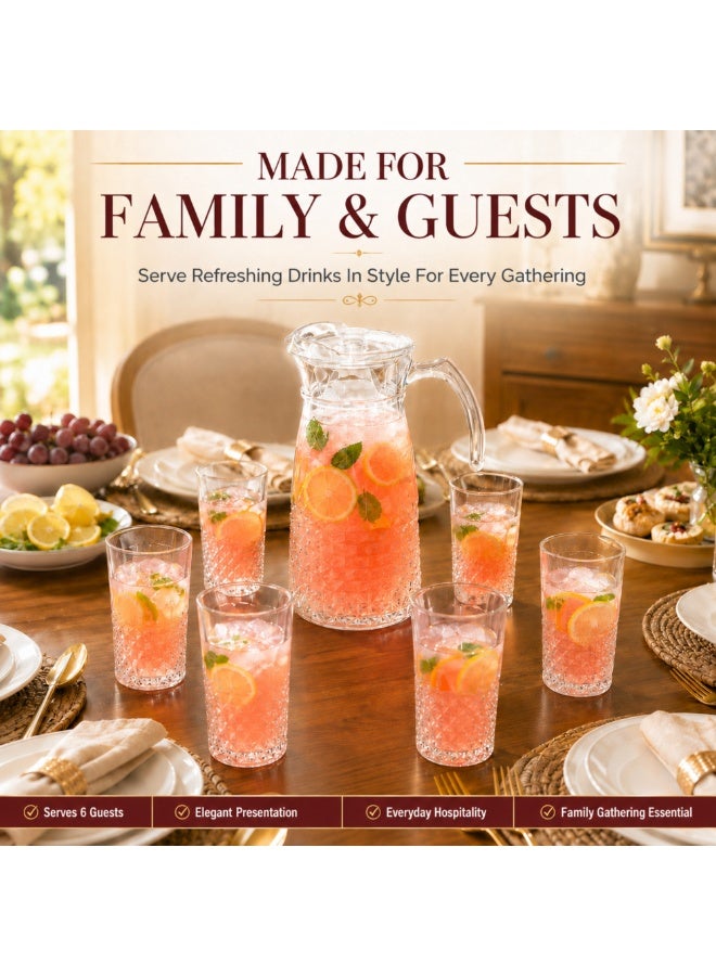 7 Piece Glass Drink Set with Pitcher and 6 Glasses, 11 OZ Drinking Tumblers, Clear Textured Glass Water Juice Beverage Serving Set with Lid, Dishwasher Safe for Home Dining Parties - Image 5