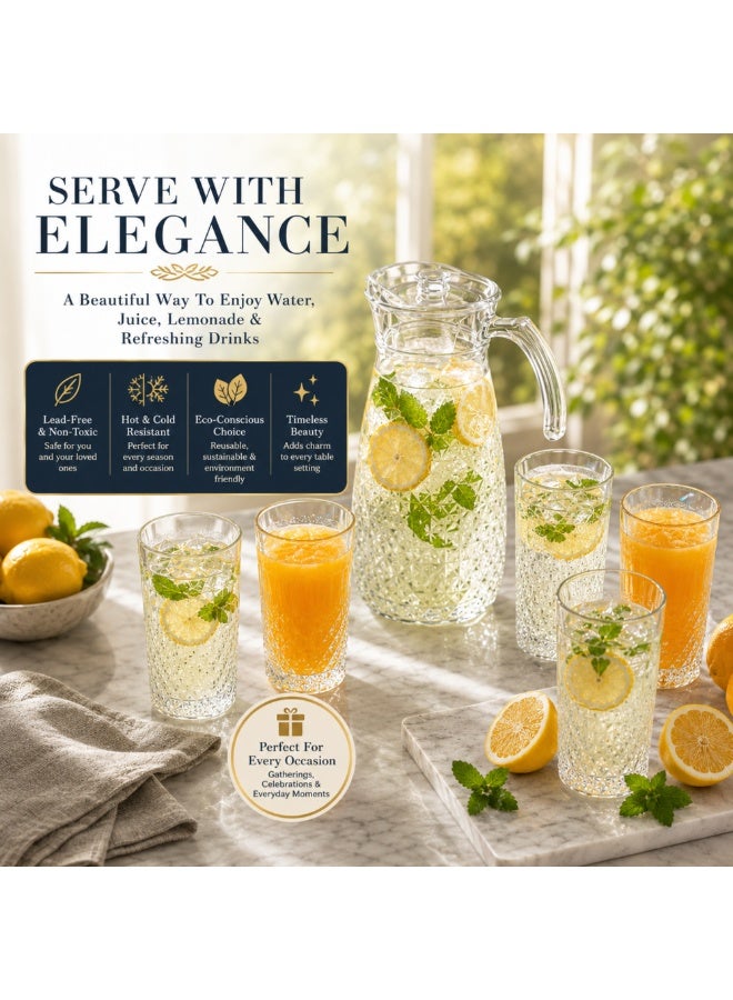 7 Piece Glass Drink Set with Pitcher and 6 Glasses, 11 OZ Drinking Tumblers, Clear Textured Glass Water Juice Beverage Serving Set with Lid, Dishwasher Safe for Home Dining Parties - Image 4