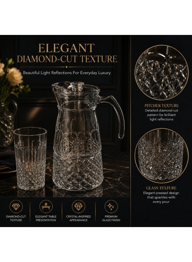 7 Piece Glass Drink Set with Pitcher and 6 Glasses, 11 OZ Drinking Tumblers, Clear Textured Glass Water Juice Beverage Serving Set with Lid, Dishwasher Safe for Home Dining Parties - Image 3