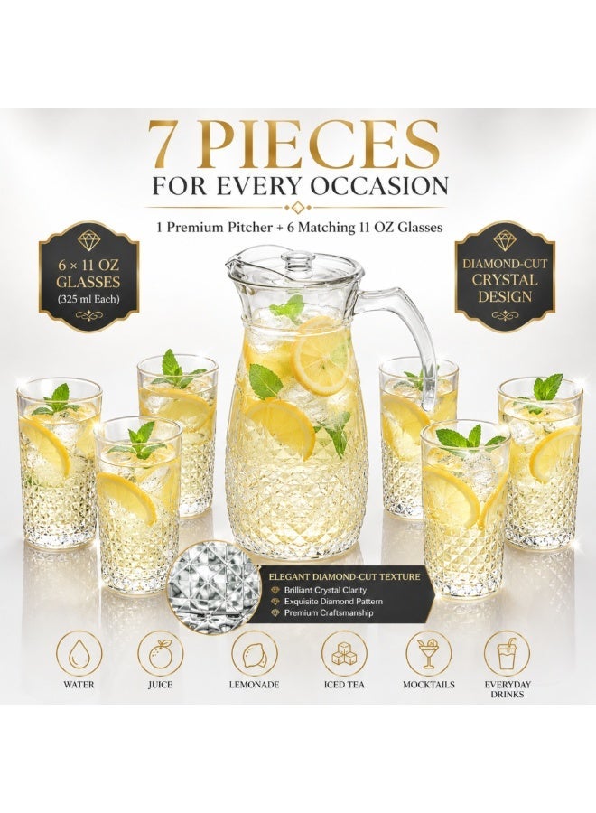 7 Piece Glass Drink Set with Pitcher and 6 Glasses, 11 OZ Drinking Tumblers, Clear Textured Glass Water Juice Beverage Serving Set with Lid, Dishwasher Safe for Home Dining Parties - Image 2