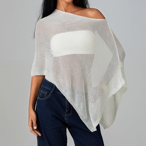 Foidiccx Women Sheer Knit Poncho Y2k See Through Shrug Crochet Mesh Cover Up Lightweight Asymmetrical Beach Shawl Cape Top (WHITE, ONE SIZE) - Image 2