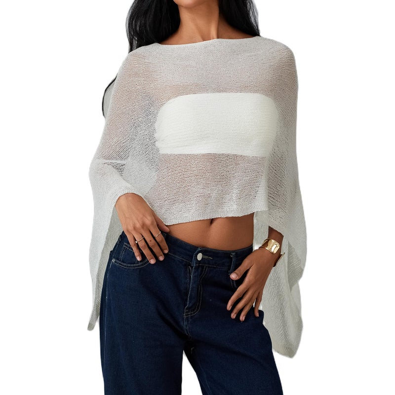 Foidiccx Women Sheer Knit Poncho Y2k See Through Shrug Crochet Mesh Cover Up Lightweight Asymmetrical Beach Shawl Cape Top (WHITE, ONE SIZE) - Image 5
