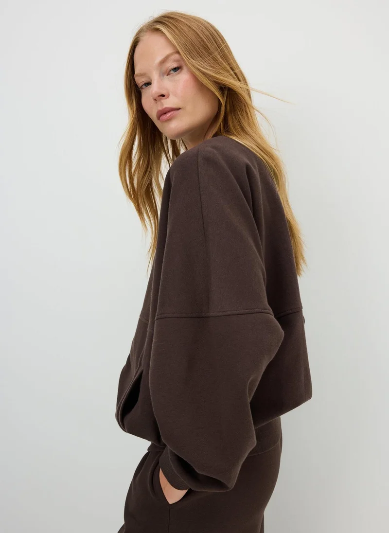 Chocolate Brown Collar Seam Zip Up Sweatshirt