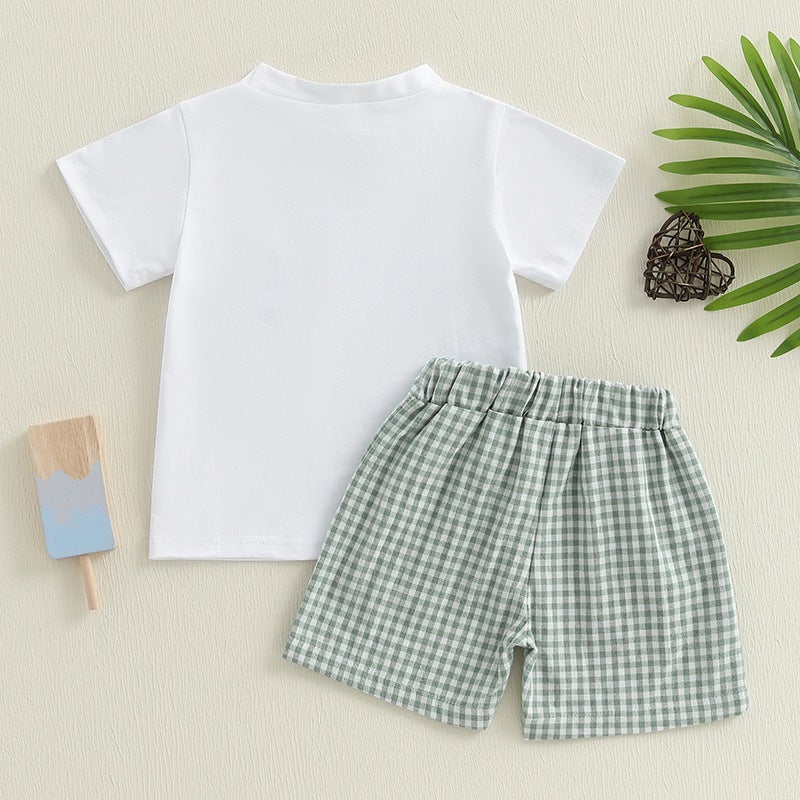 Foreign Trade Boys Summer New Dinosaur Embroidered Flats Short Sleeve Top Green Plaid Shorts Two-piece Set - Image 4
