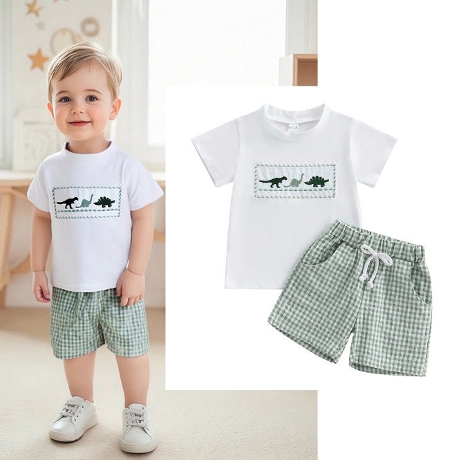 Foreign Trade Boys Summer New Dinosaur Embroidered Flats Short Sleeve Top Green Plaid Shorts Two-piece Set - Image 2