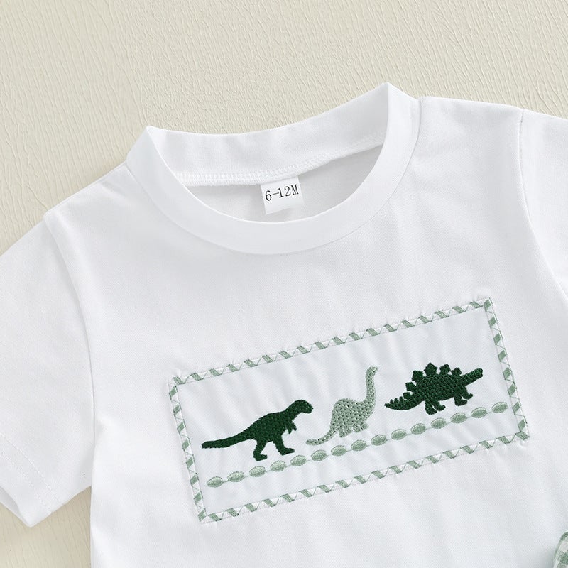 Foreign Trade Boys Summer New Dinosaur Embroidered Flats Short Sleeve Top Green Plaid Shorts Two-piece Set - Image 5