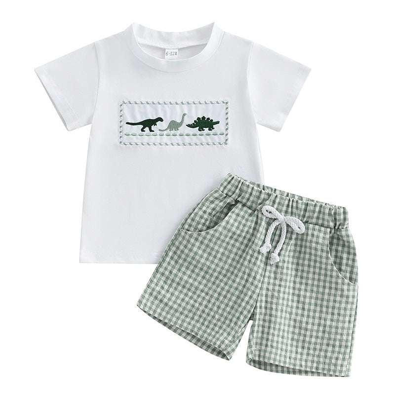 Foreign Trade Boys Summer New Dinosaur Embroidered Flats Short Sleeve Top Green Plaid Shorts Two-piece Set - Image 1