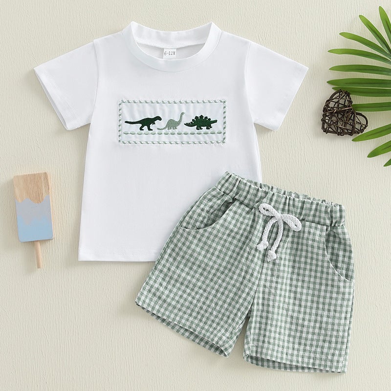 Foreign Trade Boys Summer New Dinosaur Embroidered Flats Short Sleeve Top Green Plaid Shorts Two-piece Set - Image 3