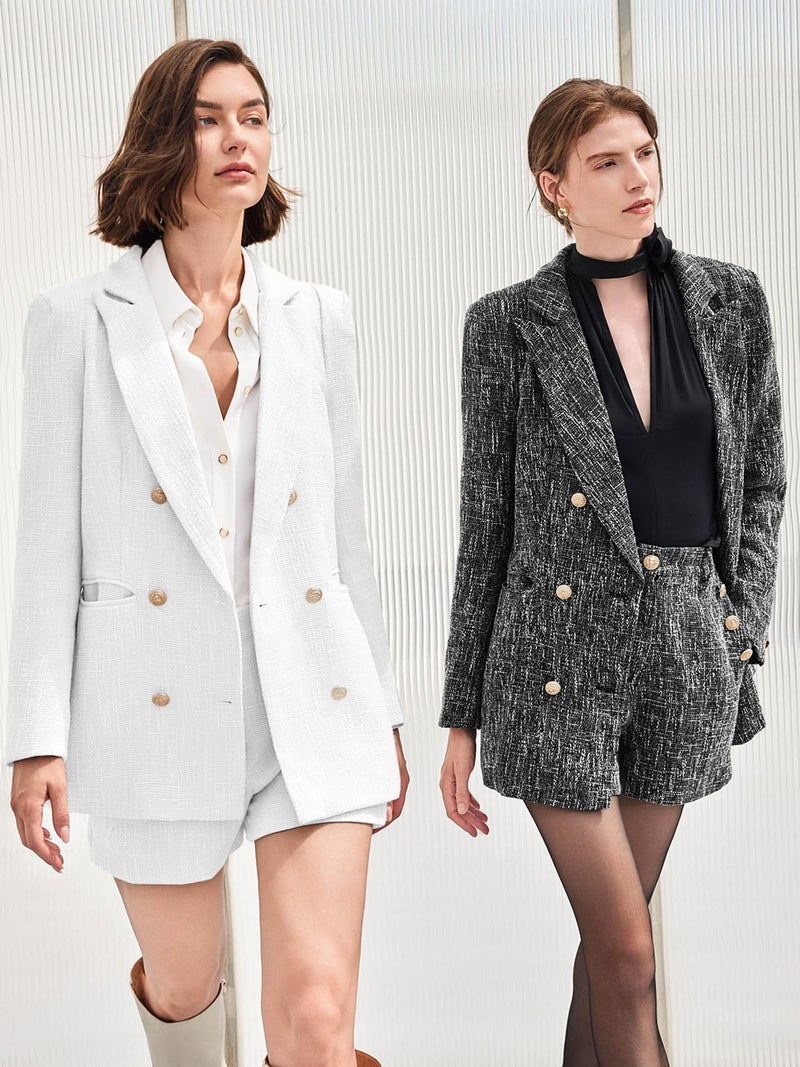 Cicy Bell Womens 2 Piece Tweed Blazer Shorts Sets Long Sleeve Double Breasted Suit Jackets Business Outfit White - Image 4