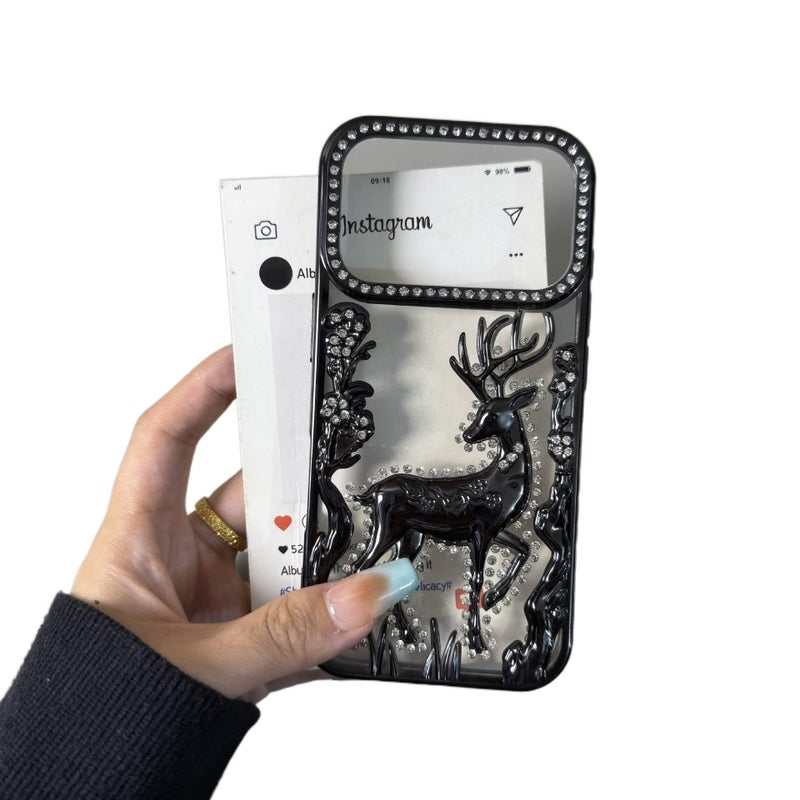 MS غطاء واقي بTPU لـ iPhone 16 / 16 Plus / 16 Pro / 16 Pro Max مع مطلي بالكهرباء وحجر الراين ثلاثي الأبعاد مع مقاوم للصدمات مع نقش الغزال باللون Gold بتفاصيل مرصعة من مادة TPU باللون. - Image 1