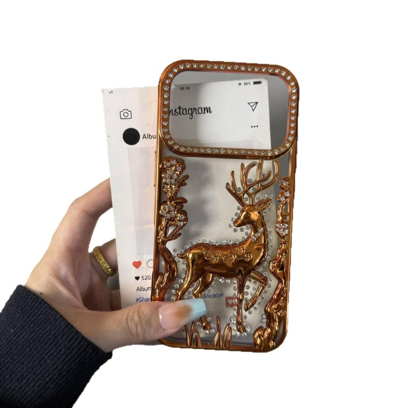 MS غطاء واقي بTPU لـ iPhone 16 / 16 Plus / 16 Pro / 16 Pro Max مع مطلي بالكهرباء وحجر الراين ثلاثي الأبعاد مع مقاوم للصدمات مع نقش الغزال باللون Gold بتفاصيل مرصعة من مادة TPU باللون. - Image 5