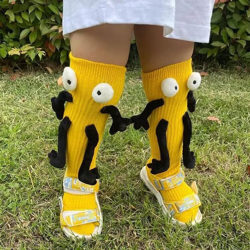 3-13 years old children's magnetic hand in hand long tube fun socks yellow - Image 2