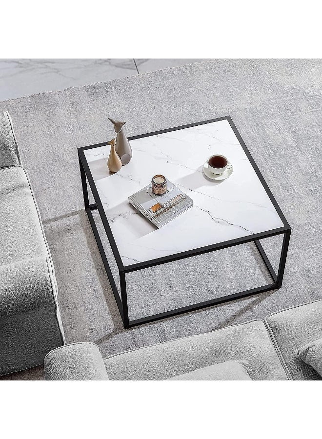 Hometaste Modern Elegance Coffee Table With Marble Top Square And Nested Tables Centerpiece For Living Room Home And Office - Pre Assembled Sofa Side Table Collection White